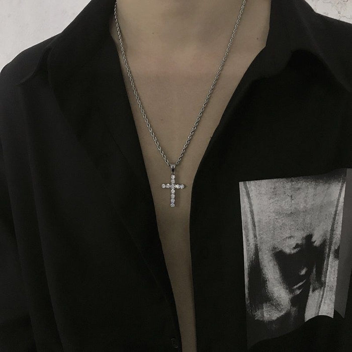 Wholesale Full Diamond Cross Necklace Titanium Steel Accessories Personalized Sweater Chain