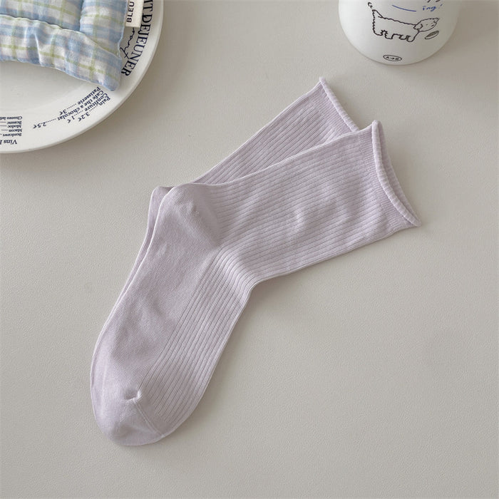 Wholesale Boneless solid color rolled edge vertical strip thin breathable cotton elastic mouth middle tube stacking socks