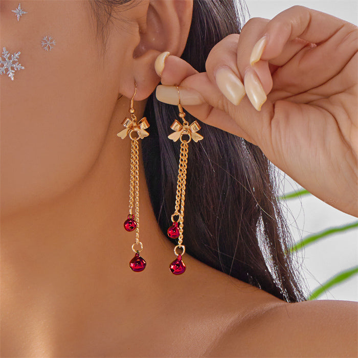 Wholesale Electroplated Alloy Bow Tassel Bell Earrings Christmas Jewelry Accessory