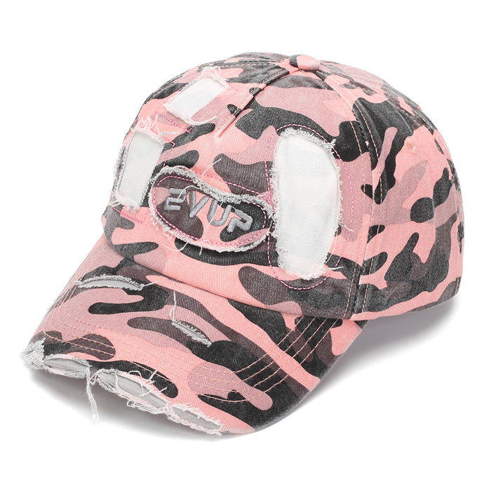 Wholesale Stylish Camouflage Torn Baseball Cap Sun Protection Embroidered Curved Brim Casual Hat for Men Women