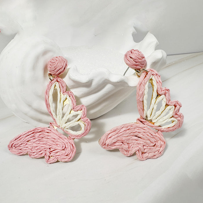 Wholesale Vacation Style Handmade Raffia Flower Earrings Red Jewelry Accessory MOQ≥5
