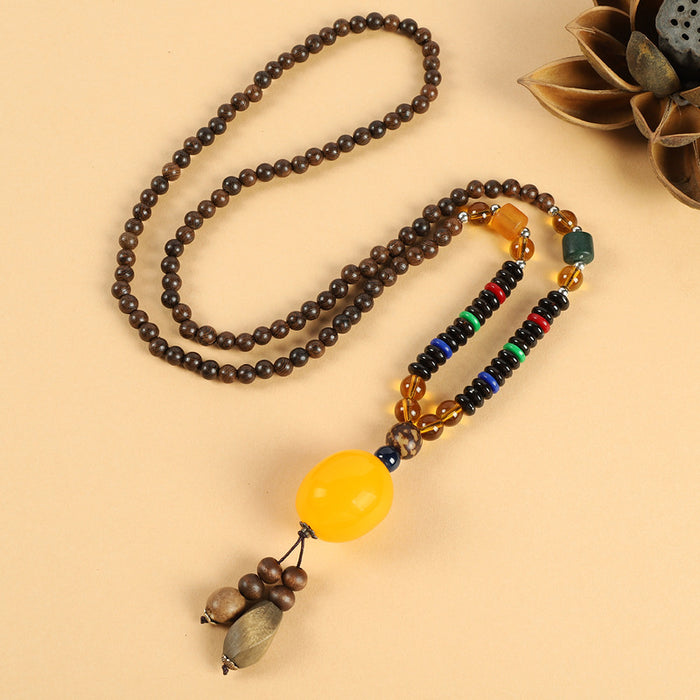 Wholesale Long Cotton and Linen Accessories Wooden Pendant Buddhist Beads Necklace JDC-NE-Luox003