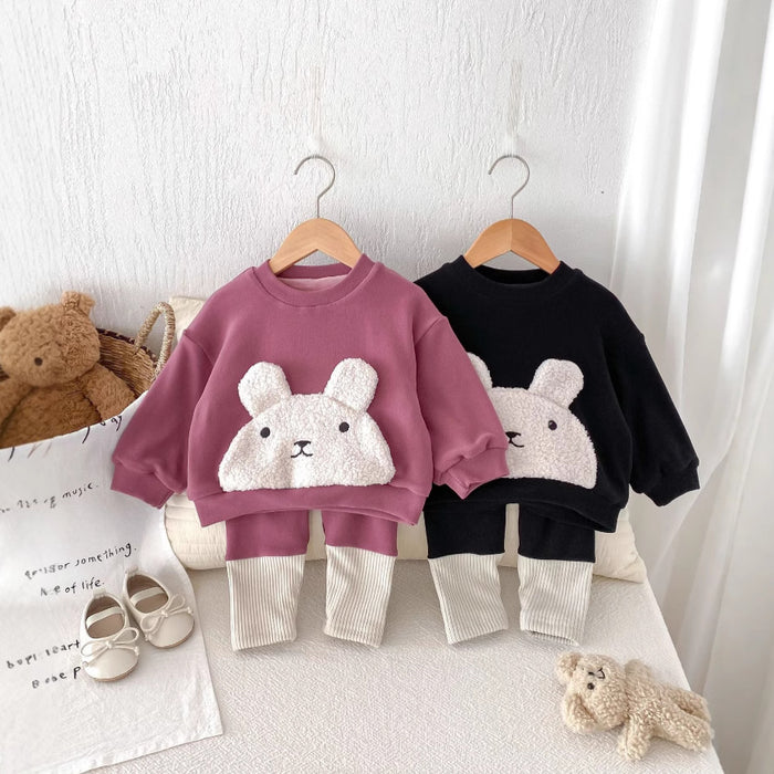 Wholesale Little Bear Splicing Pants with Velvet Set Baby Cute Bear Head Hoodie Color Blocked Bottom Pants with Velvet Winter JDC-BC-WeiNiS038