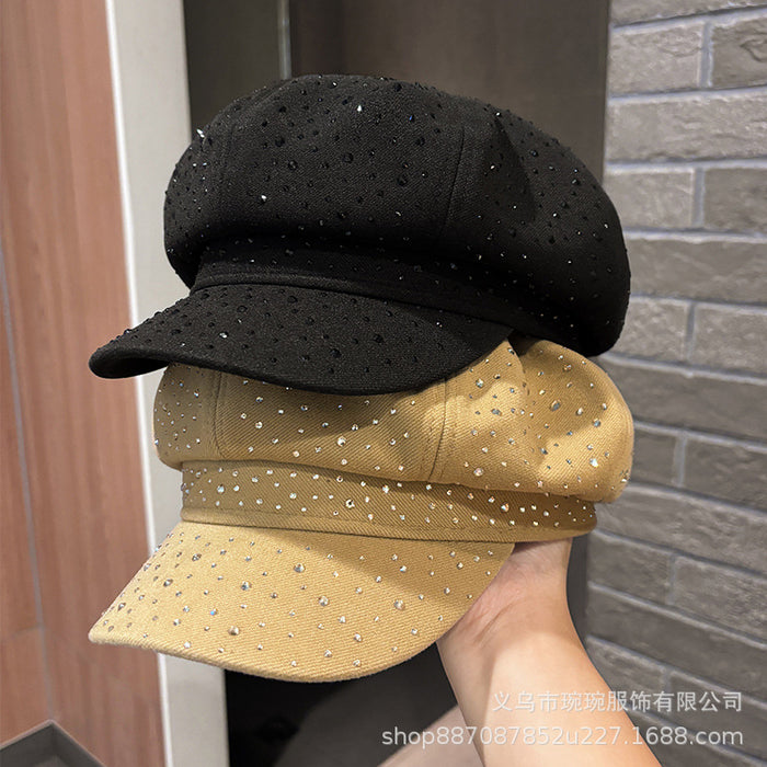 Wholesale small rhinestone octagonal hat female British vintage duck tongue newsboy hat