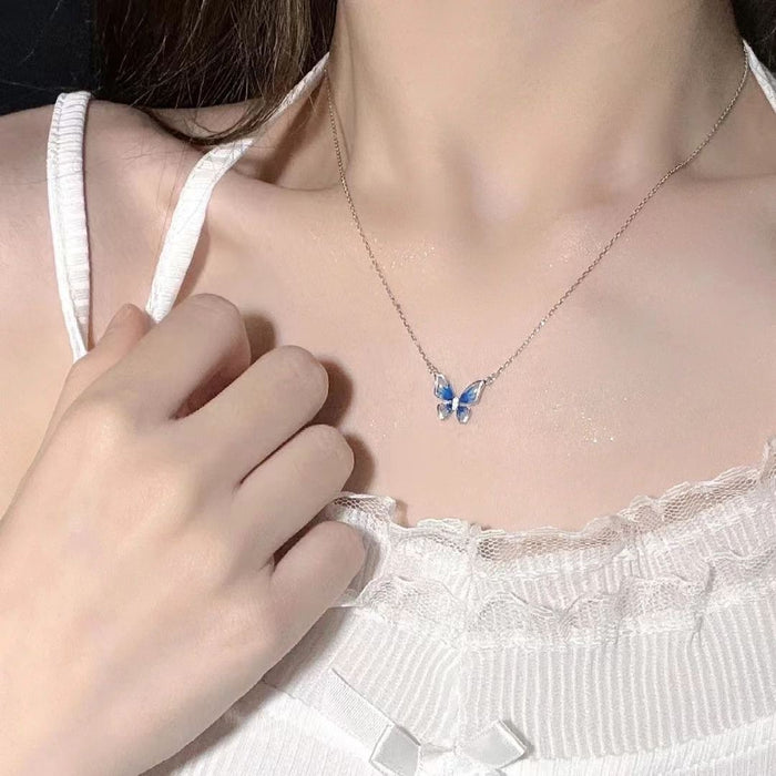 Wholesale Agile Gradient Butterfly Necklace Enamel Gradient Blue Butterfly Necklace Simple Clavicle Chain