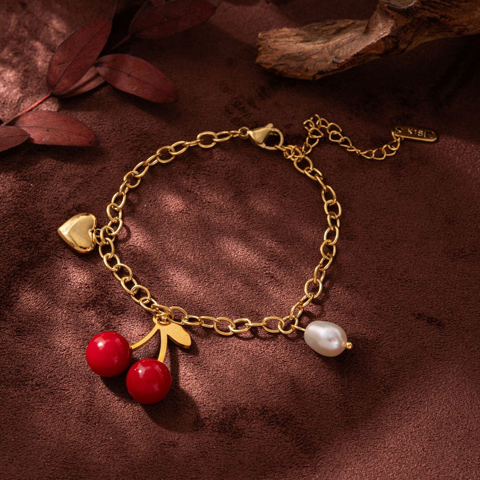 Wholesale Red Cherry Pendant Necklace Bracelet Earrings Titanium Steel set