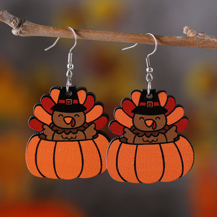 Wholesale Autumn Harvest Thanksgiving Turkey Pumpkin Funny Pendant Earrings Wooden Double-Sided Earrings Gift