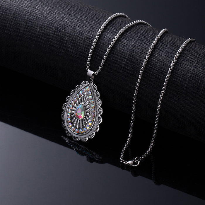 Wholesale Retro Western style natural turquoise necklace,  retro versatile titanium steel chain,  ethnic accessories