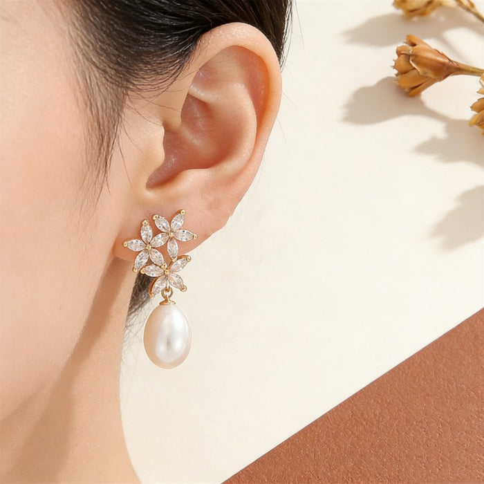 Wholesale Flower Tassel Zircon Earrings Copper Fashion Accessory MOQ≥2