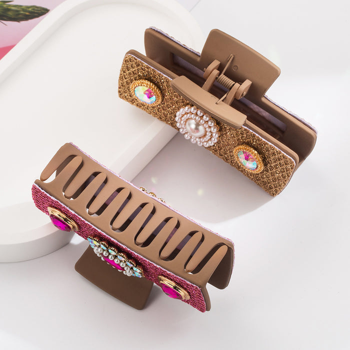 Wholesale Retro Diamond-encrusted Pearl Turquoise Grab Clip Back Head Tie Hair Square Clip Light Luxury Fashion Elegant Hair Clip