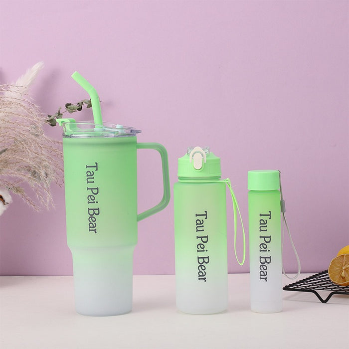 Wholesale Three-piece gradient color large capacity portable straw plastic cup set