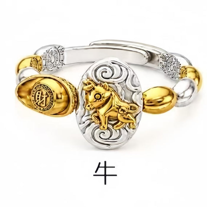 Wholesale Chinese Zodiac Rat Adjustable Open Ring Seven Grain Retro Gold Plated Copper Unisex Jewelry Boutique Resale Gift
