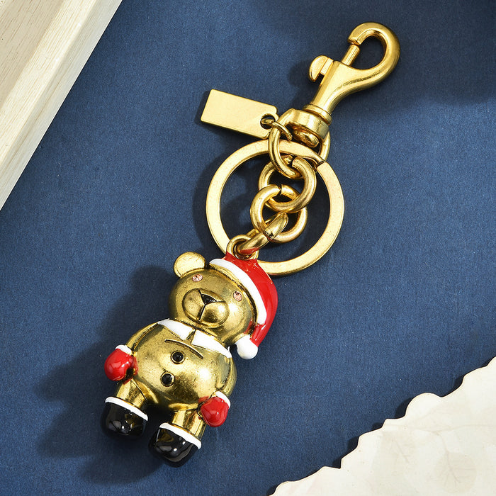 Wholesale Metal Bear Bag Charm With Christmas Hat 3D Cartoon Animal Keychain Pendant Holiday Gift And Decorative Accessory