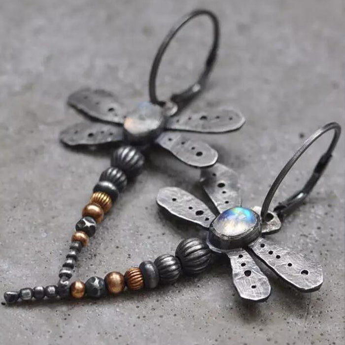 Wholesale Design sense: vintage metal insect moonstone earrings, vintage metal earrings, women's accessories