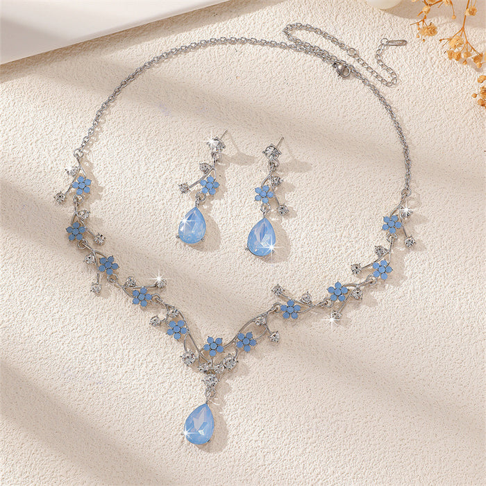 Wholesale Floral Blue Rhinestone Necklace and Earring Set Boutique MOQ≥2