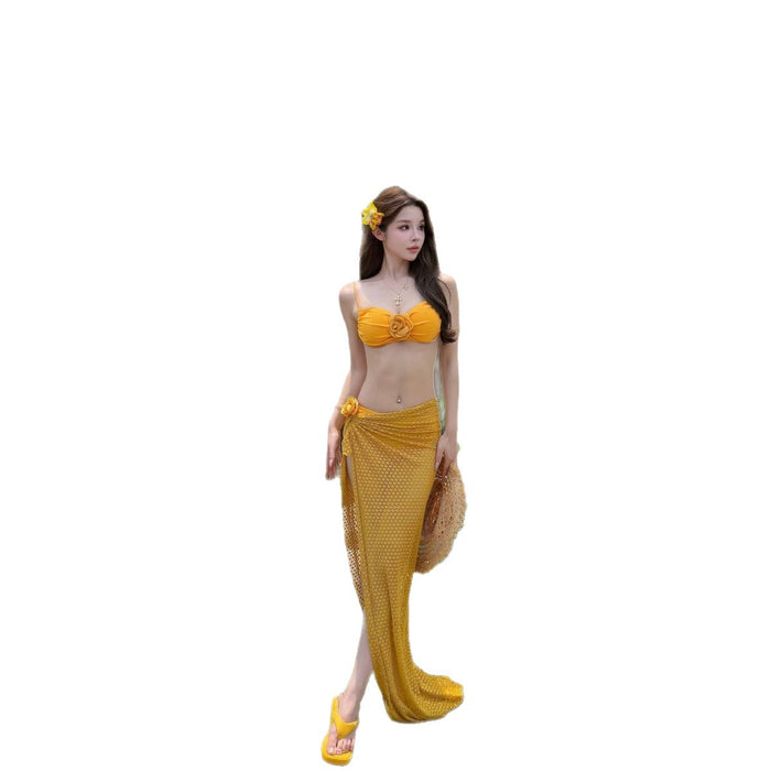 Wholesale New Thai swimsuit camellia yellow split long skirt beach island vacation sexy bikini three piece set