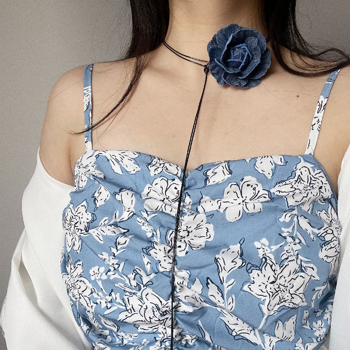 Wholesale Denim Cloth Blue Rose Lace Necklace JDC-NE-DieDie002