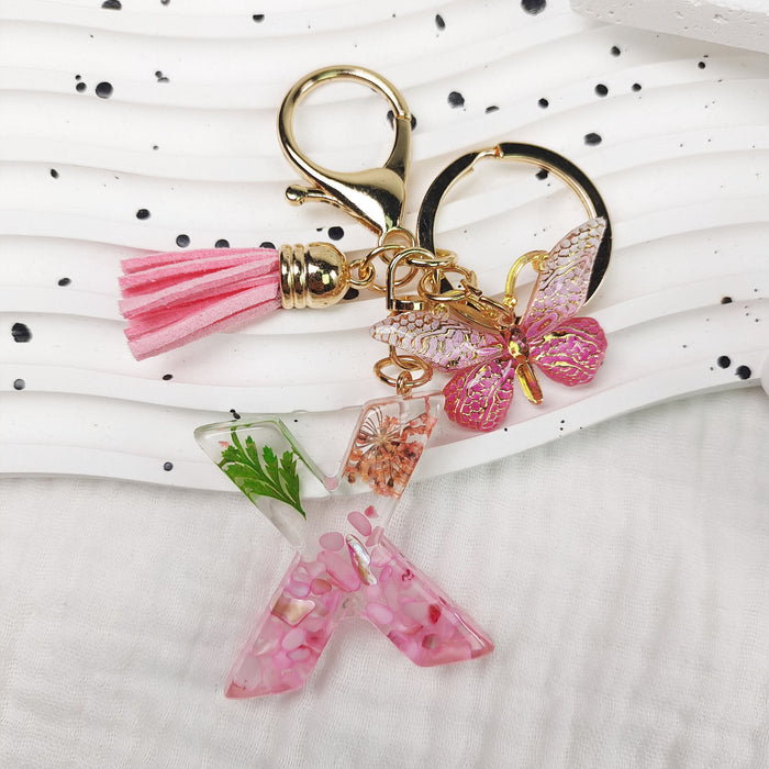 Wholesale Small Daisy Dried Flower Green Leaf Crystal Acrylic Letter Butterfly Tassel Keychain JDC-KC-JiaYi002