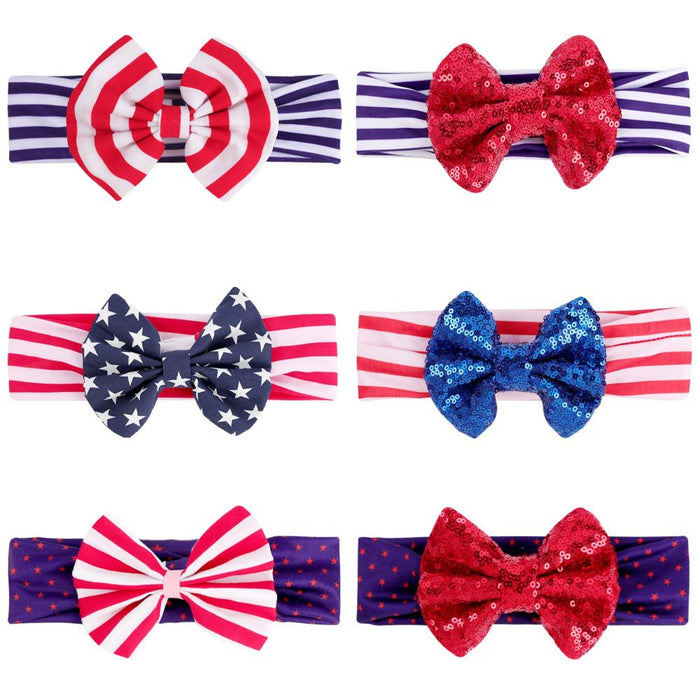 Wholesale 50PCS American Independence Day Baby Print Sequin Bow Wide Border Fabric Headband JDC-HD-XiuG001