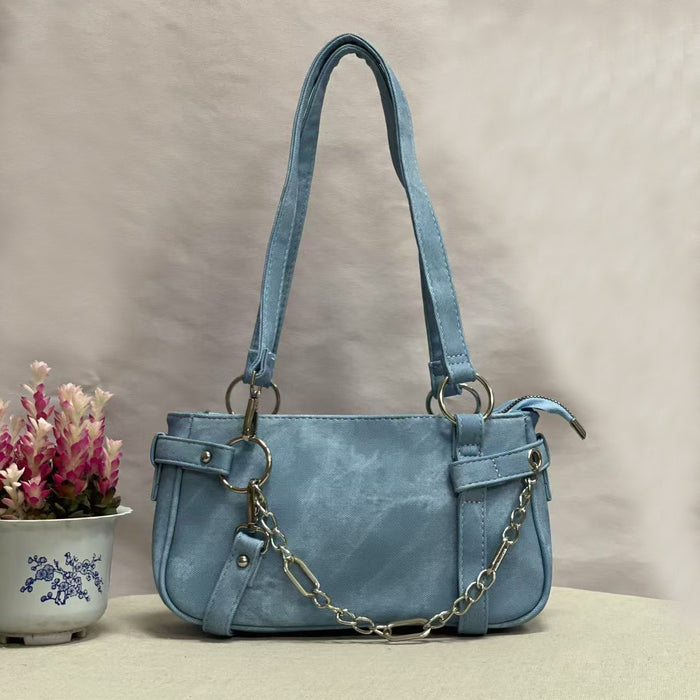 Wholesale Cowboy canvas PU motorcycle bag with round ring chain nylon shoulder bag, hand-held armpit women's bag