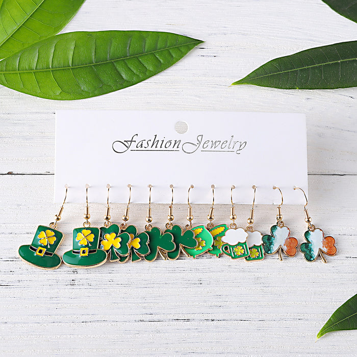 Wholesale Saint Patrick' s Day Green Clover Earring Set 6 Pairs Fashion Jewelry Accessory