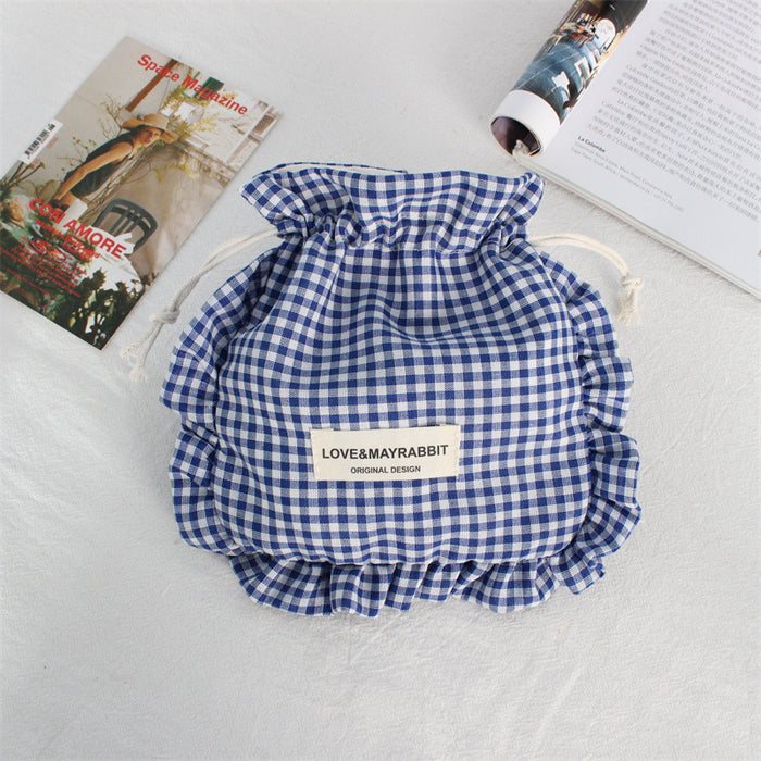 Wholesale Stylish Pink Plaid Drawstring Pouch With Lace Trim Multipurpose Travel Storage Bag For Makeup Brushes Fashion Accessory For Boutique Resale