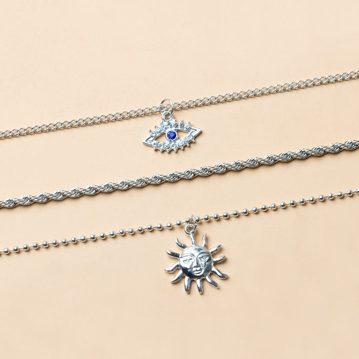 Wholesale Personalized Devil's Eye Sun Pendant Multi layer Electroplated Alloy Necklace