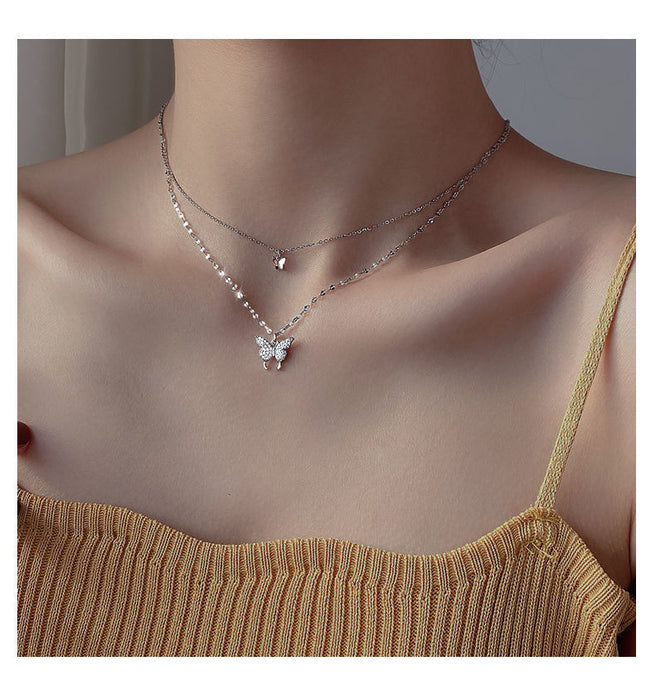 Wholesale Diamond studded bow pendant, water wave chain necklace, simple accessory, double-layer layered collarbone chain