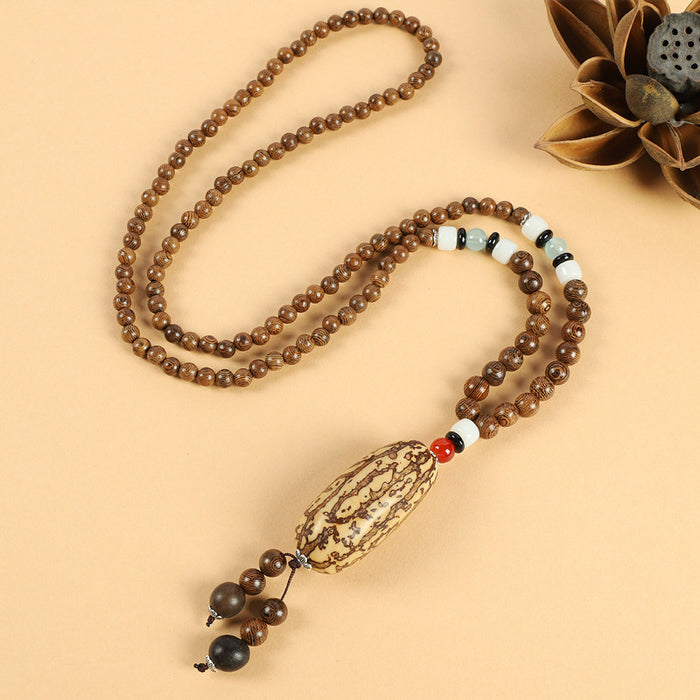 Wholesale Long Cotton and Linen Accessories Wooden Pendant Buddhist Beads Necklace JDC-NE-Luox003