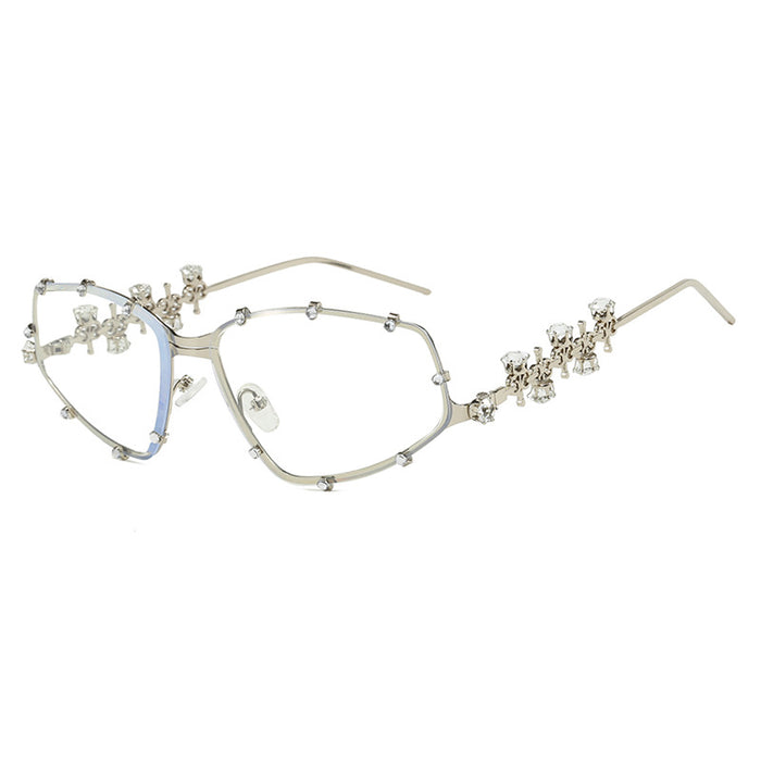 Wholesale Diamond studded glasses frame, fashionable with diamond shaped flat lens, large frame, personalized glasses frame