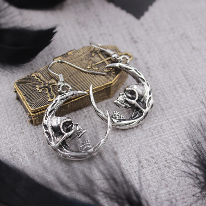 Wholesale Gothic Half Skull Face Crescent Alloy Earrings JDC-ES-LCR003