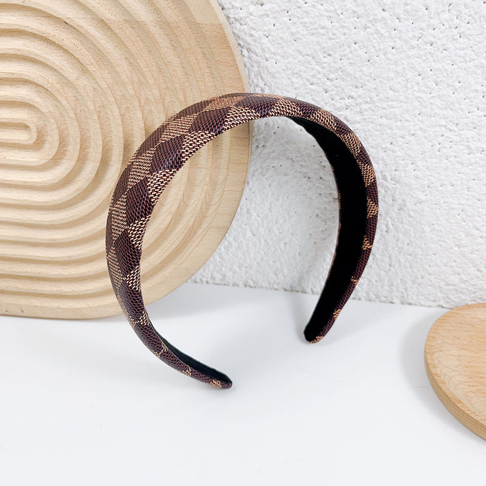 Wholesale Retro temperament headband leather color printed grid wide edge headband hair accessory simple face washing pressure hair accessory hair clip