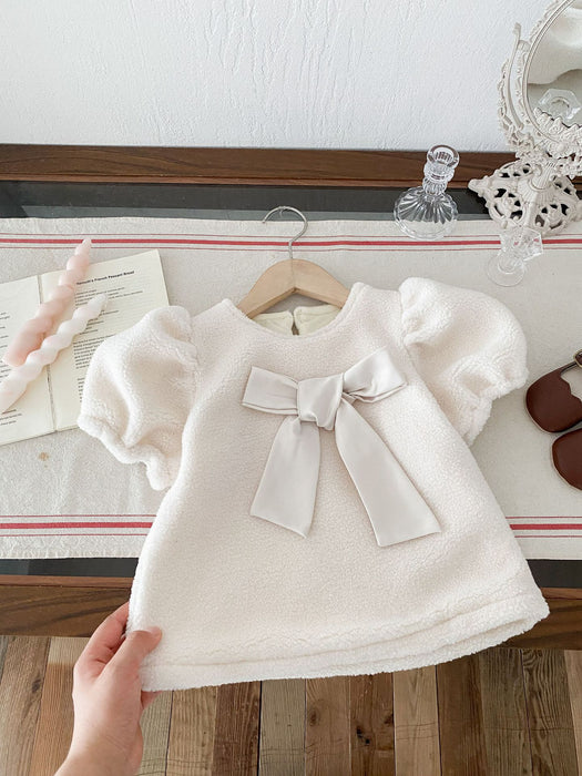 Wholesale Bow A-line Skirt with Bubble Sleeves Winter Velvet Warm Temperament New Princess Dress for Baby Girls JDC-BC-WeiNiS037