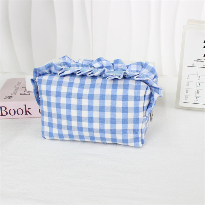 Wholesale Trendy Black Plaid Pleated Lace Pencil Case Large Capacity Student Stationery Pouch Boutique Gift