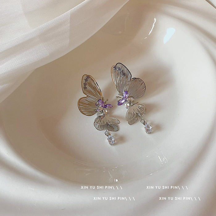 Wholesale Butterfly Elf Dynamic Three Dimensional Retro Hollow Long Zircon Earrings with High Quality Charm Ear Accessories