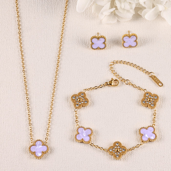 Wholesale Stainless Steel Four-Leaf Clover Three-Piece Gold-Plated Jewelry Set