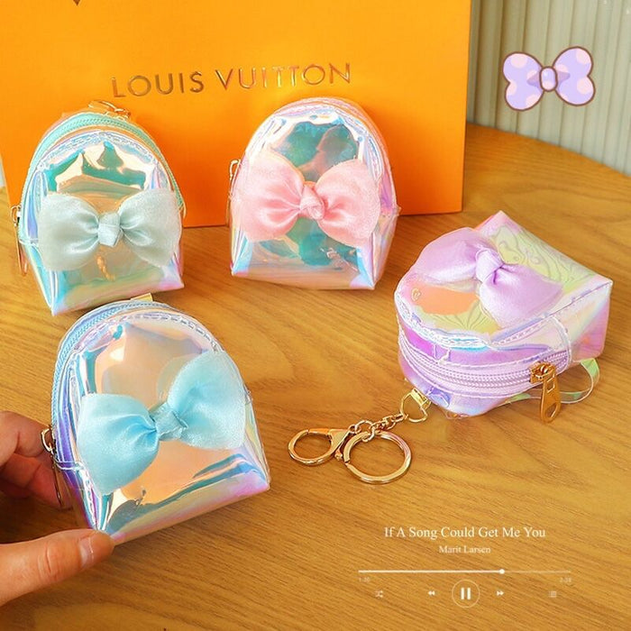 Wholesale Trendy Laser Bow PVC Transparent Pouch Creative Coin Purse Earphone Bag Keychain Everyday Fashion Accessory