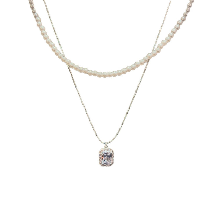 Wholesale French Zircon Sugar Cube Pearl Double Layer Choker Necklace In Titanium Steel Trendy Layering Jewelry For Women Boutique Resale Gift