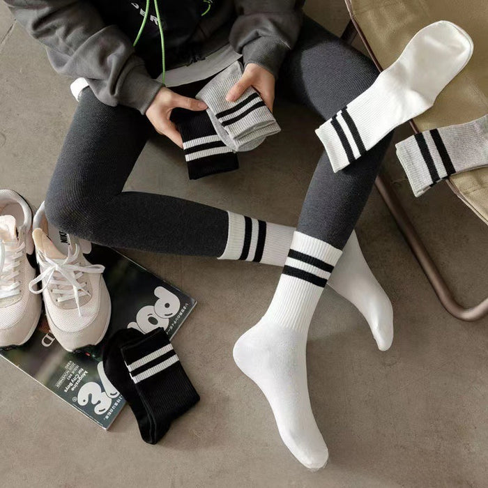 Wholesale Socks with parallel bars, mid length socks, pure cotton casual sports long socks