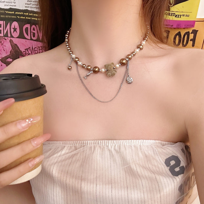 Wholesale Cute plush teddy bear pearl necklace, fashionable, simple, niche, versatile, handmade bead chain, tassel collarbone chain