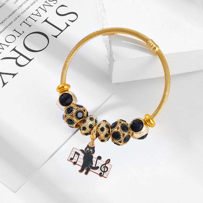 Wholesale Cute Black Cat Design Stainless Steel Bead Bracelet Stylish Jewelry Accessory for Women