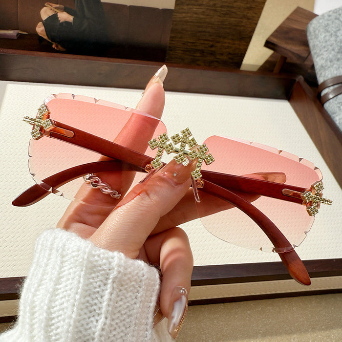 Wholesale New Cross Diamond Borderless Sunglasses with High Quality Wood Texture Leg Sunglasses for Women's Fashion Sunglasses