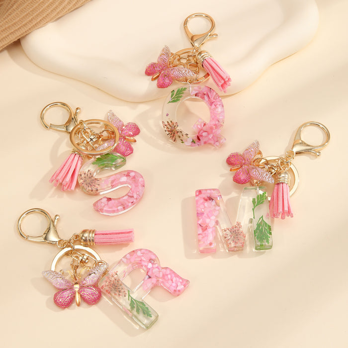 Wholesale Small Daisy Dried Flower Green Leaf Crystal Acrylic Letter Butterfly Tassel Keychain JDC-KC-JiaYi002