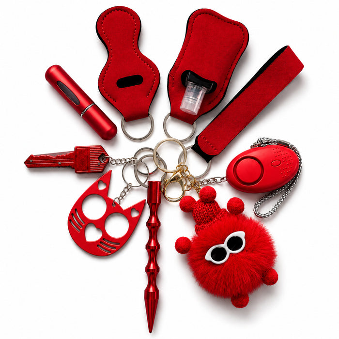 Wholesale Ladies Safety Keychain Set With Neoprene Storage Pouch 10 Piece Red Trendy Car Key Accessory