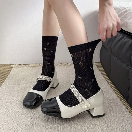 Wholesale Boneless card silk floral retro mid length socks with mesh breathable and versatile design