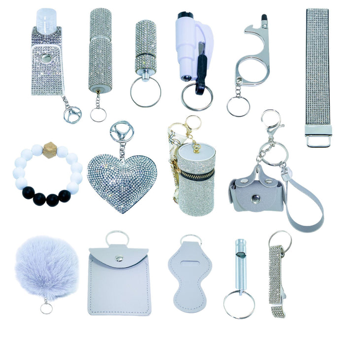Wholesale Rhinestone Lipstick 15 Piece Keychain Set PU Leather Trendy Self Defense Accessory For Women Boutique Resale
