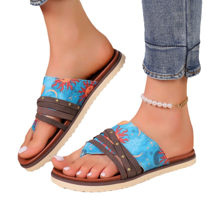 Wholesale  plus size Flat Bottom Flower Flip-Flops Women's  Printed Rivet Flat Bottom Beach Sandals