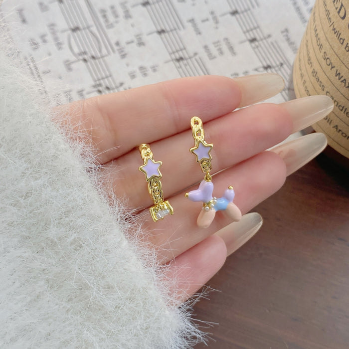 Wholesale Cute Drip Oil Balloon Dog Earrings, Small and Asymmetric Design, Love Zircon Star Earrings, Ear Accessories