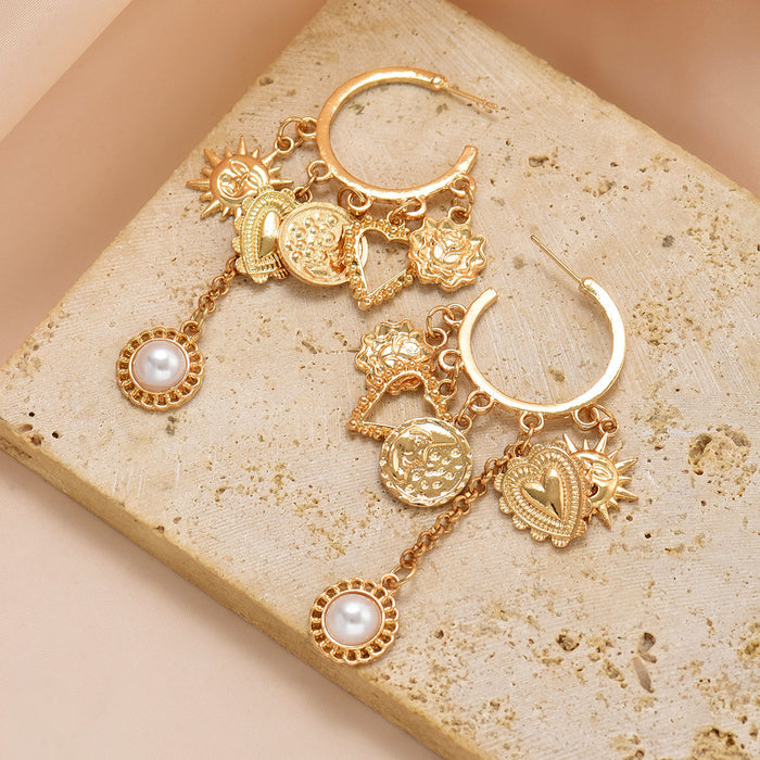 Wholesale New large circle earrings, alloy sun heart accessories, light luxury and high-end pearl tassel earrings