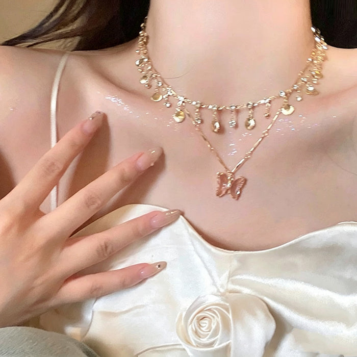 Wholesale Butterfly Double Layer Tassel Choker Necklace Metal Crystal Summer Chic Jewelry MOQ≥2